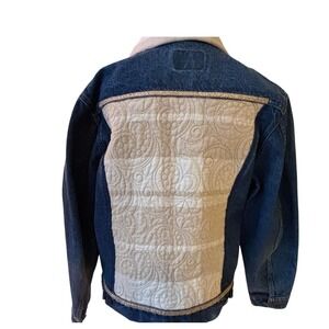 RARE Vintage ROEBUCKS Denim Jacket Quilted Beige Panel Sherpa Collar Western M